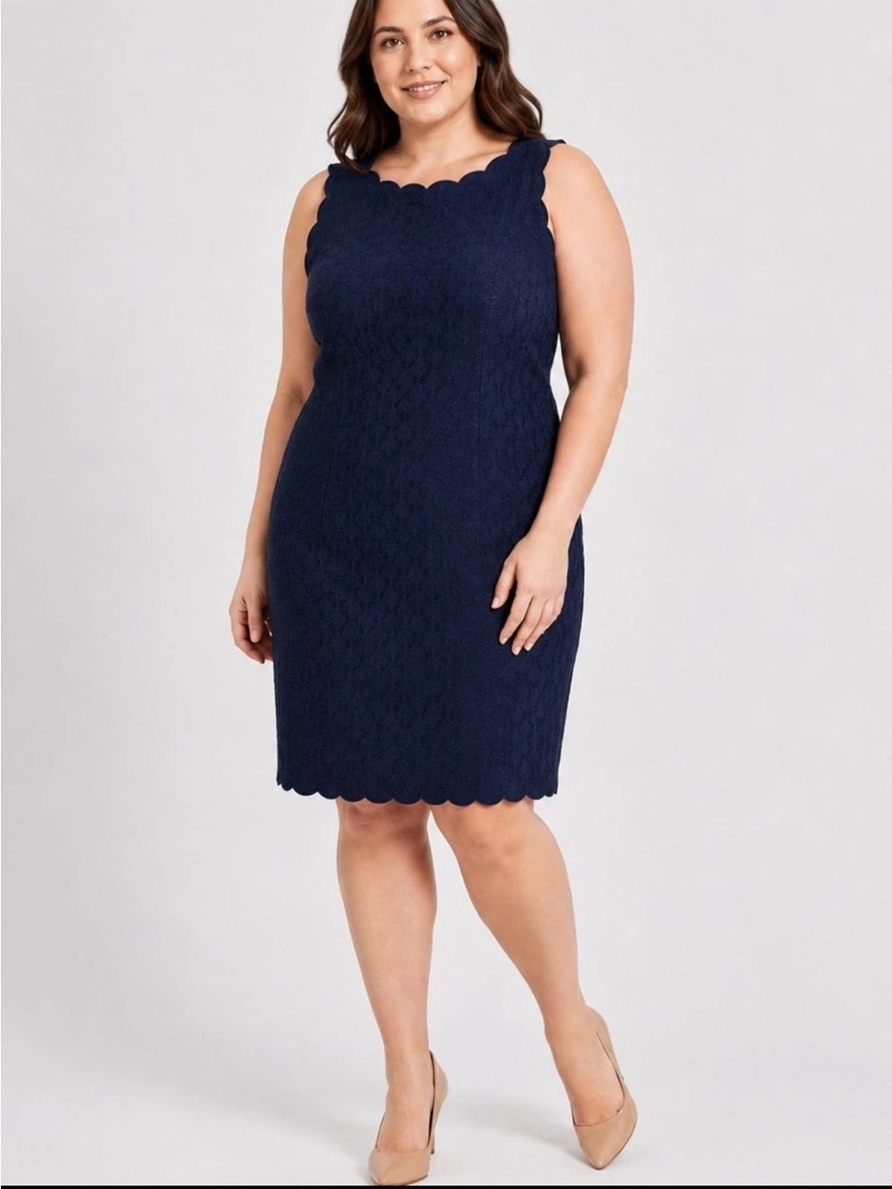 Talbots RSVP Women’s Dress 12 Navy Scalloped Hem Textured jacquard Geometric